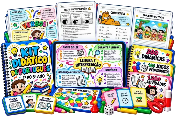 Kit Didático de Português: atividades, mapas mentais, dinâmicas, jogos pedagógicos e brincadeiras recortáveis